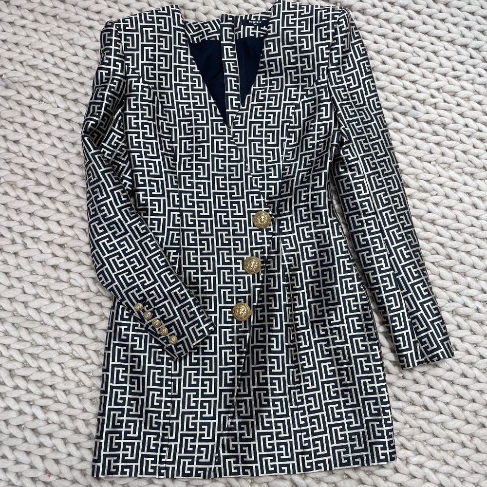 Balmain Jacquard Monogram Mini Dress In Black Gold size 38